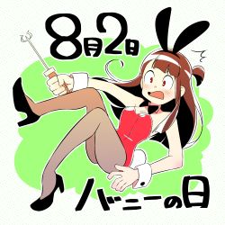Rule 34 | 1girl, absurdres, animal ears, artist request, blush, brown hair, bunny day, rabbit ears, playboy bunny, dated, dotted background, fake animal ears, high heels, highres, kagari atsuko, leotard, little witch academia, long hair, lwa, open mouth, pantyhose, red eyes, solo