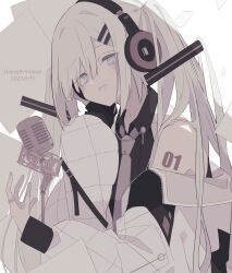 Rule 34 | 1girl, anniversary, black shirt, blue eyes, happy anniversary, hatsune miku, headphones, highres, jacket, jewelry, looking at viewer, microphone, microphone stand, midou 0r, monochrome, necktie, open clothes, open jacket, partially colored, ring, shirt, sleeveless, sleeveless shirt, smile, solo, twintails, vocaloid
