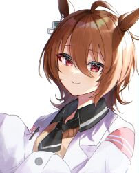 Rule 34 | 1girl, agnes tachyon (umamusume), ahoge, animal ears, black necktie, blush, brown hair, closed mouth, coat, collared shirt, commentary request, earrings, hair between eyes, highres, horse ears, horse girl, jewelry, lab coat, looking at viewer, messy hair, mimuta, necktie, partial commentary, pen, red eyes, shirt, short hair, simple background, single earring, sleeves past fingers, sleeves past wrists, smile, sweater vest, umamusume, upper body, white background, white coat, yellow sweater vest