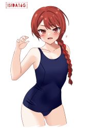 Rule 34 | 1girl, alternate breast size, artist logo, artist name, blue one-piece swimsuit, braid, contrapposto, cowboy shot, flat chest, hair over shoulder, highres, ishida arata, kantai collection, long hair, nevada (kancolle), old school swimsuit, one-piece swimsuit, red eyes, school swimsuit, simple background, single braid, smile, solo, standing, swimsuit, white background