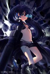 Rule 34 | 10s, 1girl, arm cannon, belt, bikini, bikini top only, black hair, black rock shooter, black rock shooter (character), blue eyes, boots, coat, front-tie top, glowing, glowing eyes, kaze-hime, long hair, midriff, navel, short shorts, shorts, smile, solo, swimsuit, twintails, uneven twintails, very long hair, weapon