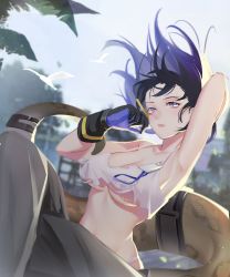 Rule 34 | 1girl, absurdres, arknights, arm up, armpits, bare arms, bare shoulders, bird, black hair, blue eyes, blue sky, breasts, camisole, cleavage, eunectes (arknights), eunectes (forgemaster) (arknights), floating hair, grey pants, hand up, highres, jianxing, large breasts, midriff, outdoors, pants, short hair, sky, snake tail, solo, spaghetti strap, stomach, tail, upper body