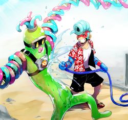 Rule 34 | 1boy, arms (game), beach, blue hair, boxing gloves, dna man (arms), domino mask, glass, goggles, green eyes, male focus, mask, monster boy, nekobayashi (nekoforest), pompadour, short hair, slime boy, smile, solo, spring man (arms), water