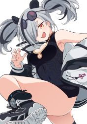 Rule 34 | 1girl, arknights, black dress, black footwear, black hair, blush, breasts, china dress, chinese clothes, cleavage, covered navel, dress, eyewear on head, fang, feater (arknights), grey hair, hair over one eye, highres, kamuraaa 615, long sleeves, medium breasts, open mouth, red eyes, shoes, short twintails, skin fang, sleeveless, sleeveless dress, smile, sneakers, solo, sunglasses, twintails