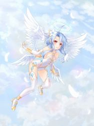 Rule 34 | 1girl, :o, bare shoulders, blanc (neptunia), blue hair, cloud, cloudy sky, elbow gloves, feathered wings, flower, four goddesses online: cyber dimension neptune, full body, gloves, hair flower, hair ornament, halo, highres, jewelry, kazuneko (wktk1024), looking at viewer, neptune (series), power symbol, power symbol-shaped pupils, red eyes, short hair with long locks, sky, solo, symbol-shaped pupils, white gloves, white heart (neptunia), white legwear, wings