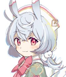 Rule 34 | 1girl, animal ears, blush, bow, bowtie, closed mouth, crossed bangs, dress, genshin impact, grey hair, hair between eyes, hair ornament, hat, looking at viewer, low twintails, nakanakacxy, pom pom (clothes), pom pom hair ornament, red bow, red bowtie, red eyes, sigewinne (genshin impact), simple background, solo, twintails, upper body, white background
