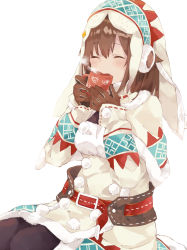 Rule 34 | 1girl, animal print, ankimo, ankimo (tokino sora), bear print, belt, breasts, brown gloves, brown hair, brown pantyhose, coffee mug, cup, drinking, earmuffs, closed eyes, gloves, hands up, highres, hololive, hood, kase (kurimuzone oruta), leather, leather gloves, long hair, mafumofu (armor), monster hunter (series), mug, pantyhose, pom pom (clothes), simple background, sitting, small breasts, solo, steam, stitching, thighs, tokino sora, virtual youtuber, white background, winter clothes