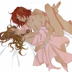Rule 34 | 2girls, blush, breasts, brown hair, closed mouth, dated, dress, highres, leg lock, long hair, luoman19921, medium breasts, multiple girls, nipples, nude, original, parted lips, pink dress, red hair, short hair, simple background, small breasts, white background, yuri