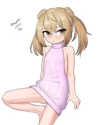 Rule 34 | 1girl, absurdres, alternate costume, brown eyes, dated, double bun, dress, feet out of frame, hair bun, highres, kantai collection, light brown hair, maru (marg0613), medium hair, meme attire, michishio (kancolle), one-hour drawing challenge, short twintails, sleeveless, sleeveless dress, solo, sweater, sweater dress, twintails, twitter username, virgin killer sweater, white dress