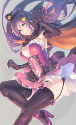 Rule 34 | 1girl, adapted costume, armpits, black thighhighs, blurry, breasts, cape, dancing stars on me!, depth of field, elbow gloves, garter straps, gloves, green eyes, hair ornament, hair ribbon, hat, high heels, highres, large breasts, long hair, looking at viewer, love live!, love live! school idol project, low twintails, makita (twosidegekilove), navel, open mouth, purple hair, purple thighhighs, ribbon, scrunchie, solo, song name, star (symbol), star hair ornament, thighhighs, tojo nozomi, twintails, witch hat