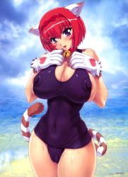 Rule 34 | animal ears, bell, blue eyes, blush, bow, breasts, hair bow, heart, huge breasts, large breasts, nipples, open mouth, red hair, sweat, swimsuit, tail