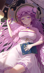 Rule 34 | absurdres, atkdog, book, book stack, closed mouth, crossed legs, dress, earrings, eyebrows hidden by hair, gem, glasses, hand on own stomach, hat, highres, holding, holding book, indoors, jewelry, long hair, looking at viewer, lying, mob cap, on back, on floor, open book, paper, patchouli knowledge, purple dress, purple eyes, purple hair, purple hat, quill, shawl, solo, touhou, very long hair