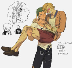 Rule 34 | 2boys, absurdres, blonde hair, blush, carrying, carrying person, curly eyebrows, expressionless, facial hair, feet out of frame, goatee, green hair, hair over one eye, happy, heads together, highres, leg hair, looking at viewer, male focus, multiple boys, no.6 (numberr 6), one piece, princess carry, red shorts, roronoa zoro, sanji (one piece), scar, scar across eye, short hair, shorts, sunglasses, thought bubble, translation request, v, veins, veiny arms