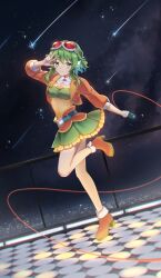 Rule 34 | 1girl, absurdres, belt, cable, cityscape, cloud, collar, commentary, covered navel, dutch angle, eyewear on head, frilled skirt, frills, glowing, glowing floor, green eyes, green hair, green skirt, green tube top, gumi, gumi (ai megpoid), hand up, headphones, high heels, highres, holding, holding microphone, iluka (ffv7), jacket, layered skirt, leg up, looking at viewer, microphone, miniskirt, night, night sky, orange footwear, orange jacket, outdoors, outstretched arm, pleated skirt, red goggles, shirt, shooting star, skirt, sky, smile, solo, standing, standing on one leg, star (sky), strapless, tube top, vocaloid, w, w over eye, white collar, yellow shirt
