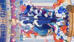 Rule 34 | 1boy, ace (playing card), ace of spades, aristocratic clothes, blue flower, blue theme, card, closed mouth, colorful palette, crossed ankles, crown, flower, full body, highres, holding, holding card, hoshi o mezashite yoosoroo! (project sekai), long sleeves, looking at viewer, official alternate costume, official art, orange flower, playing card, project sekai, short hair, sideways, smile, solo, spade (shape), standing, tailcoat, tenma tsukasa, treble clef, white flower