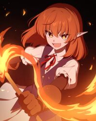 Rule 34 | 1girl, absurdres, blue vest, bright pupils, brown gloves, child (isoliya), collared shirt, commentary, embers, fire, gloves, hair between eyes, helck, highres, holding, holding torch, long hair, long pointy ears, medium hair, neck ribbon, open mouth, orange eyes, outstretched arms, pleated skirt, pointy ears, puffy short sleeves, puffy sleeves, red hair, red ribbon, ribbon, shirt, short sleeves, skirt, smile, solo, symbol-only commentary, teeth, torch, upper teeth only, v-shaped eyebrows, vermilio (helck), vest, white pupils, white shirt, white skirt, yellow eyes