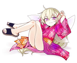 Rule 34 | 1girl, :3, arms behind head, black footwear, blonde hair, blush, closed mouth, clownpiece, crossed legs, fairy wings, hair ornament, hairclip, highres, japanese clothes, kimono, long hair, looking at viewer, obi, orange sash, pink kimono, purple eyes, sash, simple background, sitting, slippers, smile, smug, solo, touhou, very long hair, white background, wings, x hair ornament, yassy