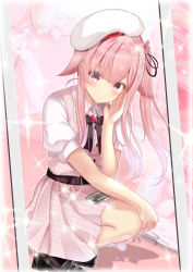Rule 34 | 1girl, absurdres, beret, black bow, black bowtie, black footwear, bow, bowtie, cellphone, dress, dress shirt, harusame (kancolle), hat, highres, himura moritaka, kantai collection, looking at viewer, official alternate costume, phone, pink dress, pink hair, red eyes, ribbon, shirt, side ponytail, smartphone, solo, sparkle, squatting, white hat, white shirt