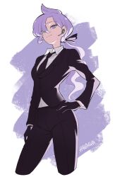 Rule 34 | 1girl, anabel (pokemon), asymmetrical bangs, black gloves, black necktie, black pants, black suit, closed mouth, collared shirt, commentary request, creatures (company), earpiece, formal, game freak, gloves, hair between eyes, hair tie, hand on own hip, highres, long hair, long sleeves, looking at viewer, necktie, nintendo, pants, parted bangs, pokemon, pokemon sm, ponytail, purple eyes, purple hair, shade, shirt, smile, solo, standing, suit, sushi pizza rrr, two-tone background