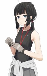 Rule 34 | 1girl, absurdres, bare arms, bare shoulders, black hair, black tank top, closed mouth, clothes around waist, clothes writing, collarbone, commentary request, cowboy shot, expressionless, gloves, grey eyes, grey gloves, highres, id card, looking at viewer, northkiyou, original, ponytail, short ponytail, sidelocks, solo, tank top, white background