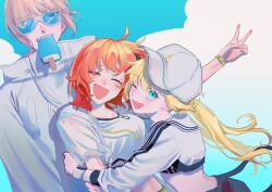 Rule 34 | 1boy, 2girls, ahoge, artoria caster (fate), artoria caster (swimsuit) (fate), artoria caster (swimsuit) (first ascension) (fate), artoria pendragon (fate), baseball cap, black scrunchie, blue sky, blush, ca (ca gemini), closed eyes, cloud, commentary request, cropped jacket, fate/grand order, fate (series), fujimaru ritsuka (female), fujimaru ritsuka (female) (summer street), green eyes, grey hair, hair ornament, hair scrunchie, hat, height difference, highres, hood, hood down, hoodie, hug, jacket, long hair, long sleeves, multiple girls, oberon (fate), oberon (refreshing summer prince) (fate), official alternate costume, one eye closed, open mouth, orange hair, outdoors, scrunchie, shirt, short hair, side ponytail, sky, smile, sunglasses, twintails, v, white headwear, white hoodie, white jacket, white shirt