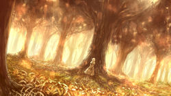 Rule 34 | 1girl, bag, blonde hair, dress, dutch angle, forest, grass, highres, holding, light rays, looking at viewer, nature, original, sakimori (hououbds), scenery, shawl, short hair, solo, standing, sunbeam, sunlight, tree, v arms, yellow theme