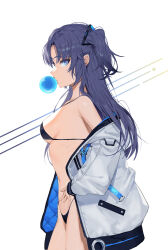 Rule 34 | 1girl, absurdres, blue archive, breasts, chewing gum, cowboy shot, from side, highres, jacket, long hair, long sleeves, looking at viewer, profile, purple eyes, purple hair, seizou hidzuke, simple background, small breasts, solo, two-sided fabric, two-sided jacket, two side up, white background, white jacket, yuuka (blue archive)