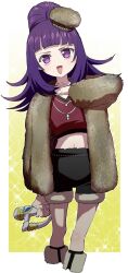 Rule 34 | 1girl, :d, black shorts, blunt bangs, brown hat, coat, commentary request, cropped legs, cropped shirt, edamame (buruburu), fur-trimmed shorts, fur coat, fur hat, fur trim, hanazono shuka, hand up, hat, highres, holding, holding microphone, idol time pripara, jewelry, long hair, long sleeves, looking at viewer, microphone, midriff, mini hat, necklace, open mouth, ponytail, pretty series, pripara, purple eyes, purple hair, red shirt, shirt, shorts, smile, solo, standing