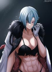 Rule 34 | 1girl, abs, absurdres, arlecchino (genshin impact), artist name, black bra, black hair, black panties, bra, breasts, cleavage, closed mouth, coat, coat on shoulders, collarbone, dark background, fur-trimmed coat, fur trim, genshin impact, gloves, grey hair, hair between eyes, hand up, highleg, highleg panties, highres, large breasts, looking at viewer, muscular, muscular female, navel, open clothes, open coat, panties, red pupils, red wann, short hair, solo, symbol-shaped pupils, underwear, white coat, white gloves, x-shaped pupils