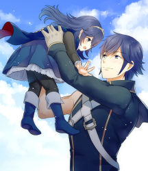 Rule 34 | 1boy, 1girl, ameno (a meno0), bad id, bad pixiv id, blue eyes, blue hair, blush, boots, cape, carrying, child, chrom (fire emblem), cloud, day, dress, father and daughter, fire emblem, fire emblem awakening, long hair, looking at another, lucina (fire emblem), nintendo, open mouth, short hair, sky, smile, tiara, aged down