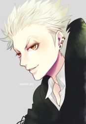 Rule 34 | 1boy, artist name, bad id, bad pixiv id, bokuto koutarou, close-up, collar, earrings, grey background, grey hair, haikyuu!!, jewelry, jiro (apollo), looking at viewer, male focus, parted lips, short hair, simple background, solo, spiked hair, star (symbol), star in eye, symbol in eye, yellow eyes