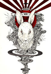 Rule 34 | abstract, animal, animal ears, bad id, bad pixiv id, no humans, original, rabbit, rabbit ears, red eyes, surreal, traditional media, wall-eyed, white background, yasuko (torukia123mm)