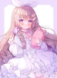 Rule 34 | 1girl, :o, artist name, blunt bangs, bow, braid, braided bangs, brown hair, candy, child, commentary, dated, dress, eyelashes, food, frilled sleeves, frills, hair bow, hair ornament, hairband, hairclip, highres, holding, lollipop, long bangs, long hair, long sleeves, looking at viewer, omochi monaka, open mouth, original, purple eyes, rabbit hair ornament, side braid, signature, solo, stuffed animal, stuffed rabbit, stuffed toy, twin braids, two-tone background, upper body, white dress