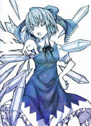 Rule 34 | 1girl, bad id, bad pixiv id, blue eyes, blue hair, bow, cirno, dress, hair bow, hand on own hip, ice, ice wings, kenzaki raki, matching hair/eyes, open mouth, pointing, ribbon, short hair, solo, touhou, wings