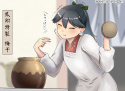 Rule 34 | 1girl, apron, blue hair, chiwa (chiwa0617), dated, eating, closed eyes, hair between eyes, holding lid, houshou (kancolle), indoors, japanese clothes, kantai collection, kappougi, kimono, long hair, one-hour drawing challenge, ponytail, pot, solo, tagme, translation request, twitter username