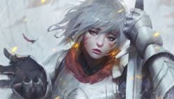 Rule 34 | 1girl, armor, blue eyes, blurry, blurry background, breastplate, cape, commentary, depth of field, feathers, flag, gauntlets, guweiz, head tilt, holding, holding sword, holding weapon, lips, original, outdoors, parted lips, plate armor, rain, red cape, short hair, shoulder armor, silver hair, solo, pauldrons, sword, upper body, weapon
