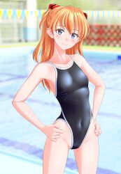 Rule 34 | 1girl, absurdres, black one-piece swimsuit, blue eyes, blurry, blurry background, breasts, collarbone, commentary request, competition school swimsuit, covered navel, cowboy shot, hands on own hips, highleg, highleg swimsuit, highres, interface headset, neon genesis evangelion, one-piece swimsuit, orange hair, pool, school swimsuit, small breasts, solo, souryuu asuka langley, string of flags, swimsuit, takafumi, two side up
