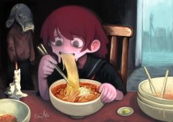 Rule 34 | 1girl, 1other, absurdres, black eyes, black pants, black serafuku, bowl, bowl stack, candle, chair, chopsticks, commentary, day, doorway, eating, fish head, food, highres, holding, holding bowl, holding chopsticks, indoors, lalah 7th, long hair, long sleeves, looking at another, looking at food, looking down, neckerchief, nervous sweating, noodles, on chair, original, pants, ramen, red hair, red neckerchief, red sweater, school uniform, serafuku, short sleeves, signature, sitting, standing, sweat, sweater, table, upper body, v-shaped eyebrows