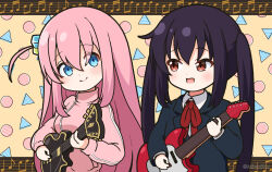 Rule 34 | 2girls, ahoge, black hair, blazer, blue eyes, blue jacket, bocchi the rock!, brown eyes, closed mouth, collared shirt, commentary request, cube hair ornament, electric guitar, gotoh hitori, guitar, hair between eyes, hair ornament, holding, holding instrument, instrument, jacket, k-on!, light blush, long hair, long sleeves, looking at another, looking at viewer, mitya, multiple girls, music, musical note, nakano azusa, neck ribbon, open mouth, pink hair, playing instrument, red ribbon, ribbon, sakuragaoka high school uniform, school uniform, shirt, smile, track jacket, twintails, twitter username, upper body, white shirt, yellow background
