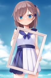 Rule 34 | 1girl, blue bow, blue eyes, blue sailor collar, blue skirt, blue sky, blush, bow, braid, brown hair, cowboy shot, hair bow, highres, holding, looking at viewer, melonbooks, original, outdoors, picture frame, pleated skirt, sailor collar, shirt, short hair, short ponytail, side ponytail, single braid, skirt, sky, solo, standing, straight-on, tsumiki akeno, two-tone skirt, watermark, white shirt, white skirt
