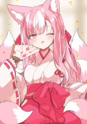 Rule 34 | 1girl, animal ear fluff, animal ears, bow, braid, fang, floral print, folding fan, fox ears, fox girl, fox tail, hair bow, hair ribbon, hakama, hand fan, highres, holding, holding fan, japanese clothes, kamiyoshi rika, light blush, long hair, looking at viewer, miko, multicolored hair, multiple tails, one eye closed, open mouth, original, pink eyes, pink hair, red hakama, red ribbon, ribbon, ribbon-trimmed sleeves, ribbon trim, seiza, sitting, skin fang, smile, solo, tail, two-tone hair, white hair