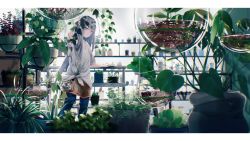 Rule 34 | 1girl, absurdres, arm up, blue pants, blurry, blurry background, bottle, closed mouth, commentary, feet out of frame, glass, green eyes, grey hair, hanging plant, highres, indoors, leaf, long hair, looking at viewer, original, pants, plant, potted plant, shirt, solo, spray bottle, standing, tied shirt, water, white shirt, wide shot, wide sleeves, x x fry