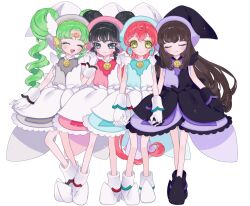 Rule 34 | :d, ao (ao0 0nemu), black dress, black footwear, black hair, black hat, boots, brown hair, closed eyes, commentary request, cosplay, double bun, dress, falulu, falulu (awakened), forehead jewel, full body, gaaruru (pripara), gloves, green hair, hair bun, hand up, hat, headphones, highres, holding hands, kurosu aroma, long hair, looking at viewer, ojamajo doremi, open mouth, parted bangs, pointy footwear, pointy hat, ponytail, pretty series, pripara, red hair, shiratama mikan, sidelocks, simple background, smile, standing, twintails, two-tone dress, white background, white dress, white gloves, wing hair ornament, witch hat, yellow eyes