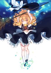 Rule 34 | 1girl, ;), absurdres, aurora, blonde hair, bloomers, blush, broom, collared shirt, full body, grin, hat, hat flying off, highres, kirisame marisa, long hair, mary janes, messy hair, mouth hold, one eye closed, shirt, shoes, short sleeves, skirt, smile, socks, solo, star (symbol), teeth hold, tis (shan0x0shan), touhou, tsurime, underwear, vest, wavy hair, witch hat, yellow eyes