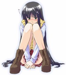 Rule 34 | 00s, 1girl, animated, animated gif, aran sweater, black hair, blush, boots, cable knit, clothes lift, embarrassed, fidgeting, flashing, full body, gad guard, green eyes, hugging own legs, knees up, long hair, outline, panties, school uniform, serafuku, shinozuka arashi, skirt, skirt lift, solo, striped clothes, striped panties, sweater, sweater vest, underwear, upskirt, very long hair, vest, white background