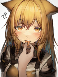 Rule 34 | 1girl, ?, ??, absurdres, animal ears, arknights, blonde hair, blush, ceobe (arknights), commentary request, grey background, highres, long hair, looking at viewer, solo focus, tab head, teeth, tongue, tongue grab, tongue out, upper body, upper teeth only