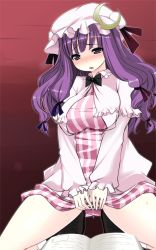 Rule 34 | 1girl, book, clothed masturbation, crescent, female focus, female masturbation, fingering, fingering through clothes, hat, kaneru, long hair, masturbation, masturbation through clothes, panties, patchouli knowledge, purple eyes, purple hair, pussy juice, solo, striped clothes, striped panties, through clothes, touhou, underwear, wet, wet clothes, wet panties