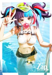 Rule 34 | 1girl, absurdres, artist name, bare shoulders, bikini, black hair, black shorts, blowing bubbles, blue hair, blush, breasts, chewing gum, cleavage, fate/grand order, fate (series), green hat, grin, hat, highres, large breasts, long hair, looking at viewer, multicolored hair, navel, pool, poolside, red hair, sei shounagon (fate), sei shounagon (swimsuit berserker) (fate), short shorts, shorts, sidelocks, smile, solo, swimsuit, thigh strap, thighs, twintails, visor cap, w, wading, water, white bikini, yellow eyes, zap
