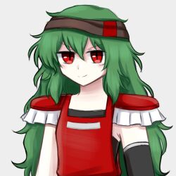 Rule 34 | 1other, androgynous, black undershirt, brown headband, closed mouth, elbow gloves, fox10991, gloves, green hair, headband, len&#039;en, len'en, long hair, reactivate majestical imperial, red eyes, red shirt, shirt, shoulder pads, smile, taira no fumikado, very long hair, white background