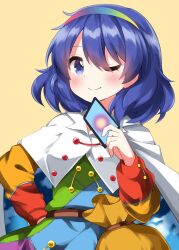Rule 34 | 1girl, blue eyes, blue hair, cape, card, hairband, highres, holding, holding card, long sleeves, looking at viewer, multicolored clothes, multicolored hairband, one eye closed, puffy long sleeves, puffy sleeves, ruu (tksymkw), short hair, sky print, smile, solo, tenkyuu chimata, touhou, upper body, white cape
